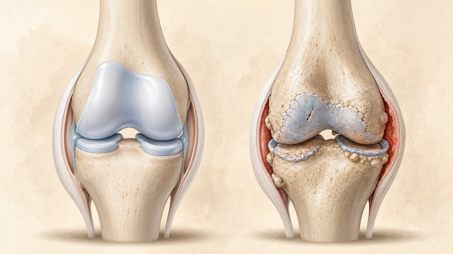 Medizinische Illustration: gesundes Kniegelenk im Vergleich mit einem arthrotischen Kniegelenk im Querschnitt