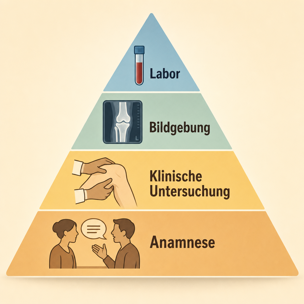 Diagnostik-Pyramide: Anamnese als Basis, dann klinische Untersuchung, Bildgebung, Laborwerte an der Spitze.