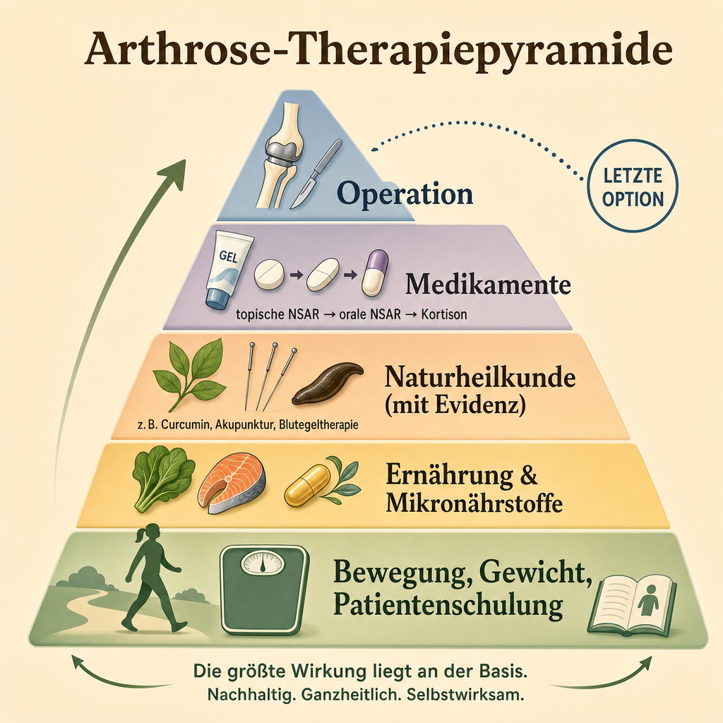 Therapie-Pyramide für Arthrose: Bewegung, Gewicht und Patientenschulung als breite Basis, dann Ernährung & Mikronährstoffe, Naturheilkunde mit Evidenz, Pharmakotherapie, OP als Spitze.
