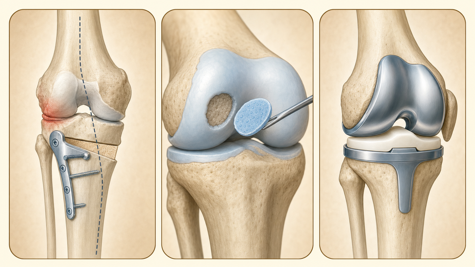 Vergleich der drei Haupt-OP-Verfahren bei Arthrose: Umstellungsosteotomie, autologe Knorpeltransplantation, Knie-Totalendoprothese.