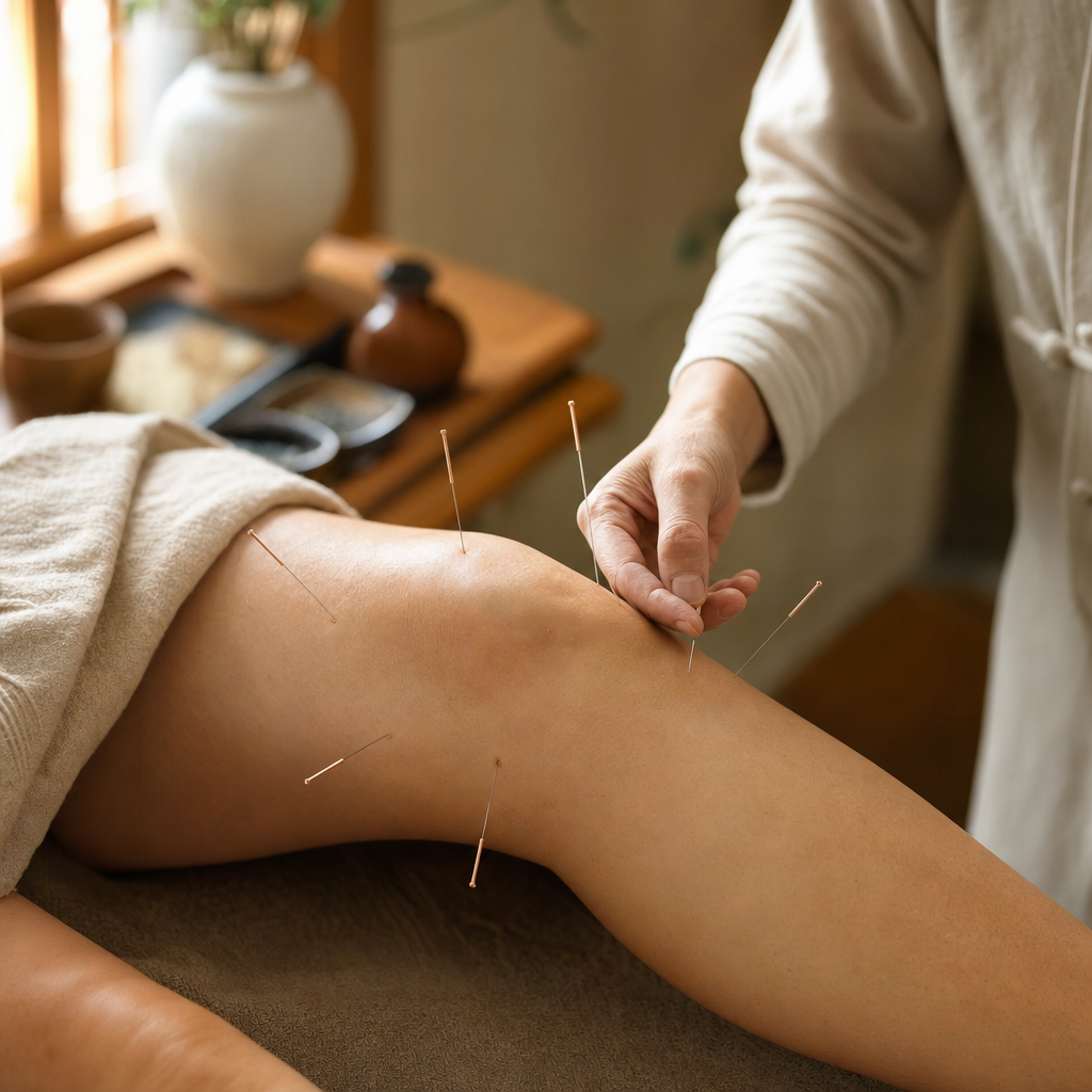 Ruhige Nahaufnahme einer Akupunktur-Behandlung am Knie – Naturheilkunde mit Evidenz bei Arthrose.