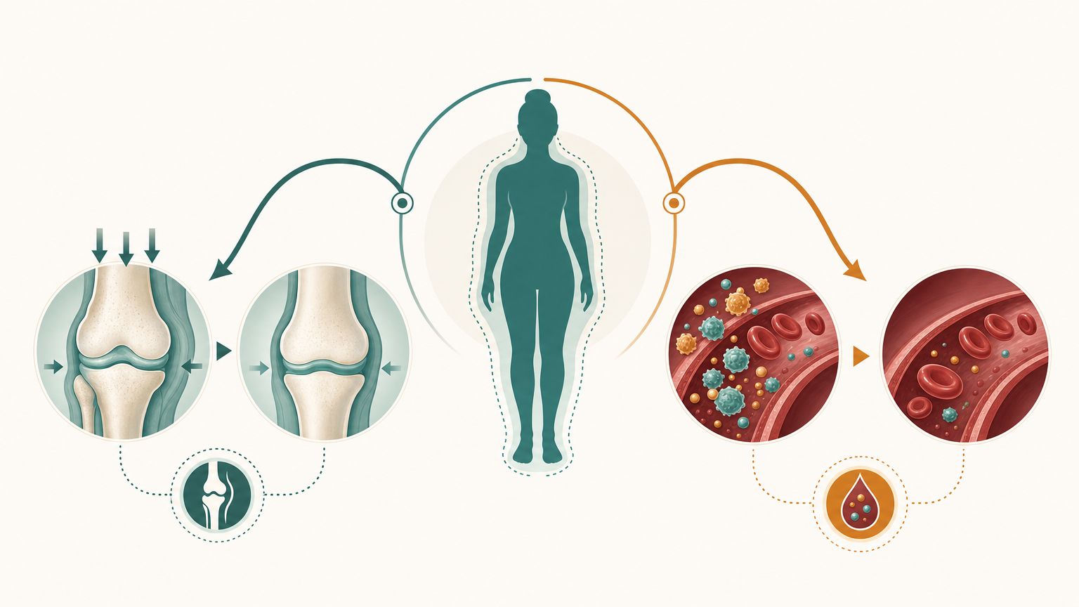 Wissenschaftliche Illustration: Gewichtsabnahme wirkt doppelt – mechanisch entlastet sie das Knie und biochemisch senkt sie Entzündungsbotenstoffe im Blut.