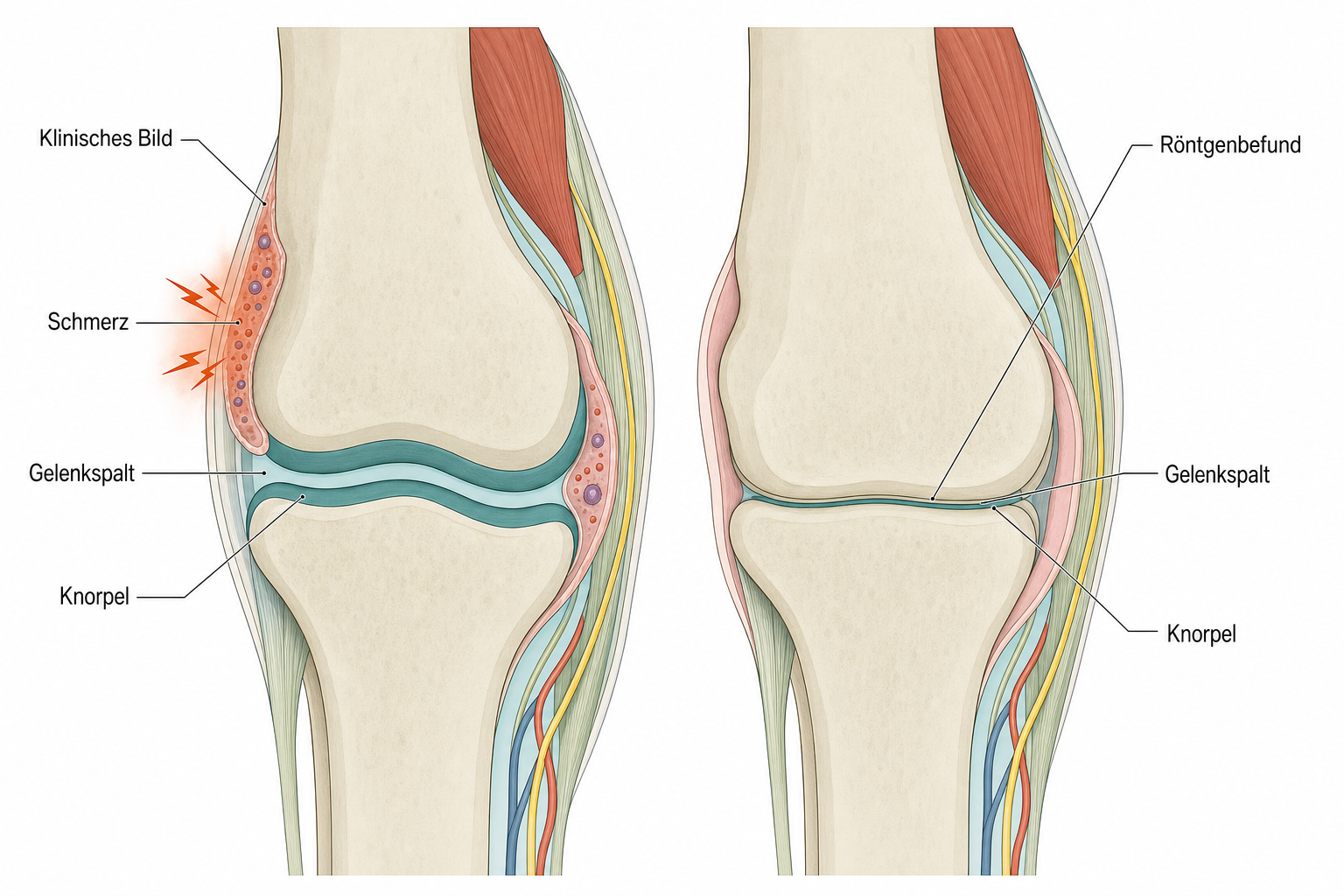 Zwei Kniegelenk-Details nebeneinander: links mäßige Arthrose mit terrakotta markierten Schmerzen, rechts fortgeschrittene Arthrose ohne Schmerzmarkierungen, gleicher Blickwinkel und Maßstab.