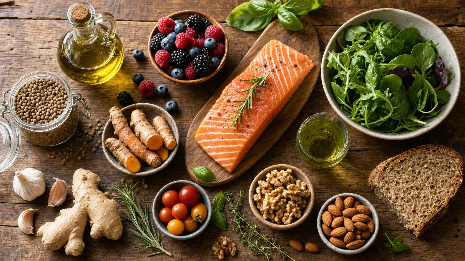 Mediterraner Tisch mit Olivenöl, Beeren, Hülsenfrüchten, Fisch, Nüssen und frischem Gemüse – die anti-entzündliche Basis der Arthrose-Ernährung.