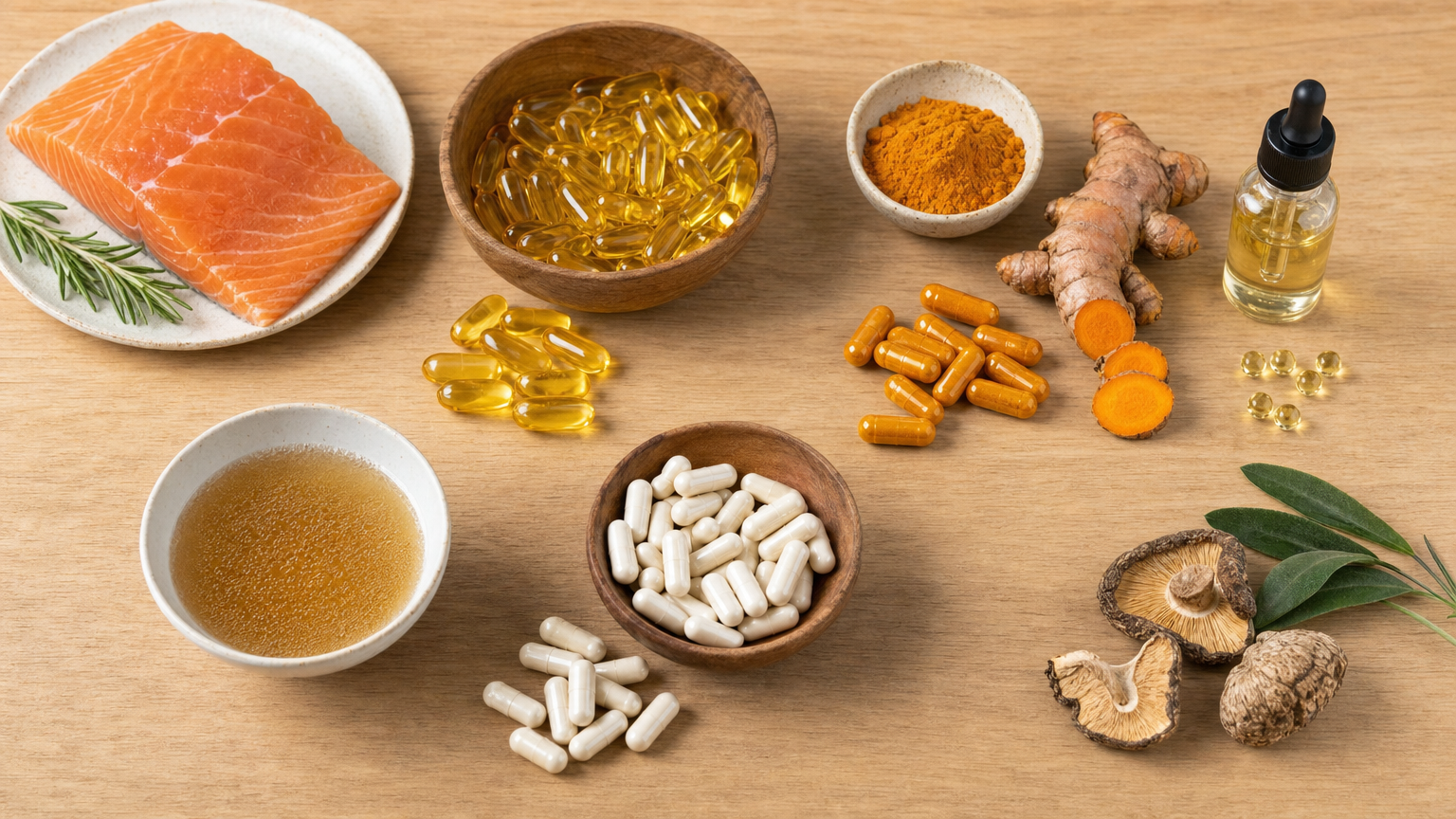 Eine Auswahl evidenzbasierter Mikronährstoffe für die Gelenkgesundheit: Omega-3, Curcuma, Kollagen, Vitamin D – sortiert auf hellem Holzgrund.