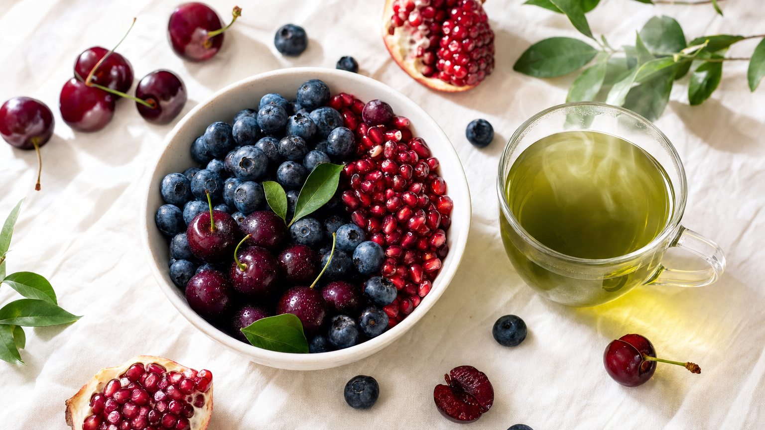 Schale mit frischen Heidelbeeren, Sauerkirschen und Granatapfelkernen neben einer Tasse grünem Tee — polyphenolreiche Lebensmittel für die Gelenkgesundheit.