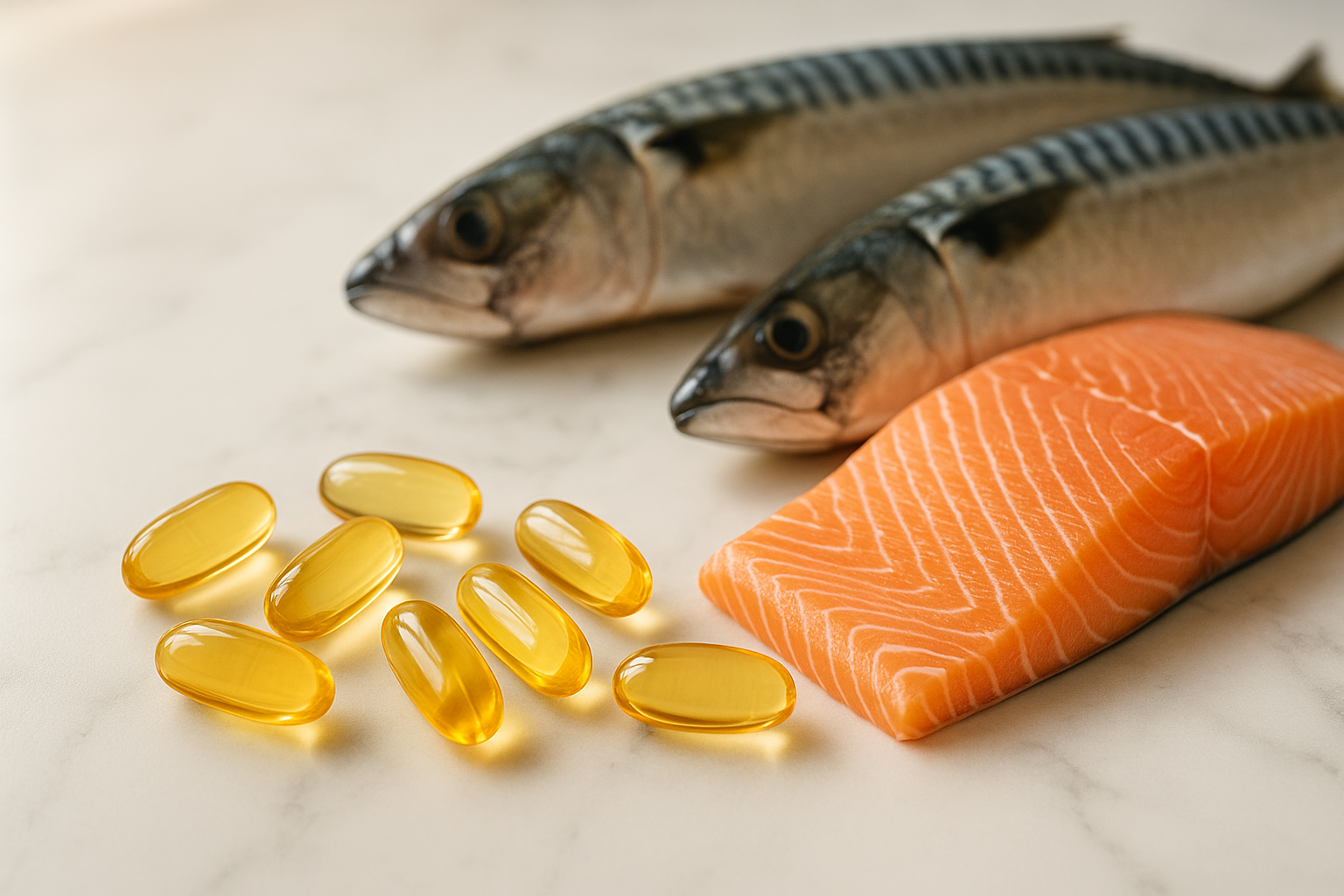 Transparente Omega-3-Kapsel vor aufgeschnittenem Lachs und Makrele – hochreine Triglycerid-Form als beste Bioverfügbarkeit.