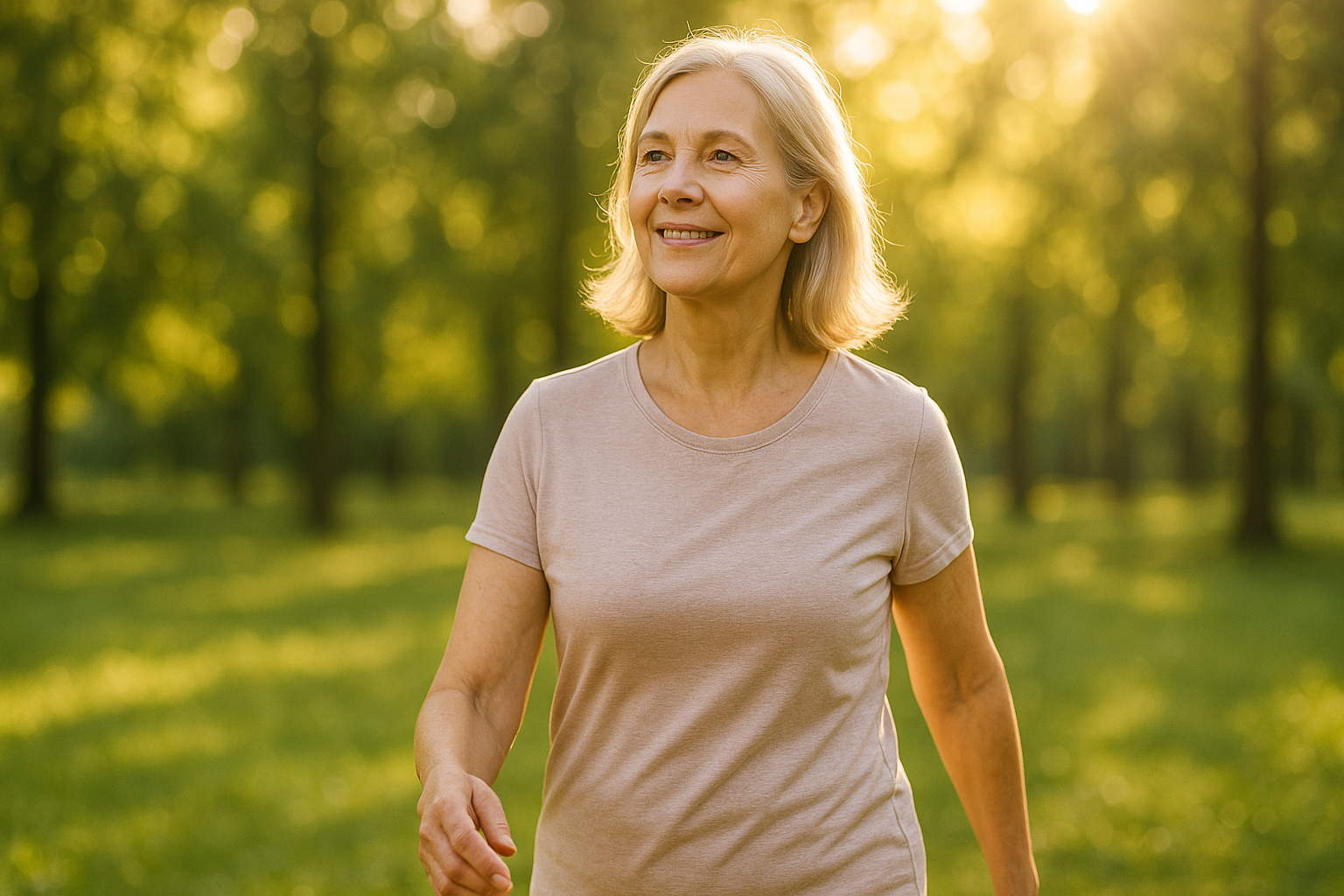 Sonnenlicht auf einer Person beim Spaziergang im Grünen – symbolisch für Vitamin-D-Synthese als Grundlage für Knochen- und Gelenkgesundheit.
