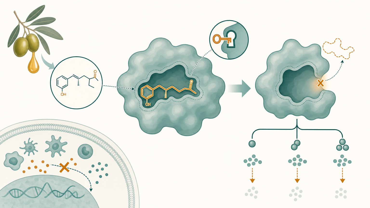 Wissenschaftliche Illustration: das Olivenöl-Molekül Oleocanthal blockiert das COX-Enzym – ähnlich wie Ibuprofen – und senkt so Entzündungssignale.