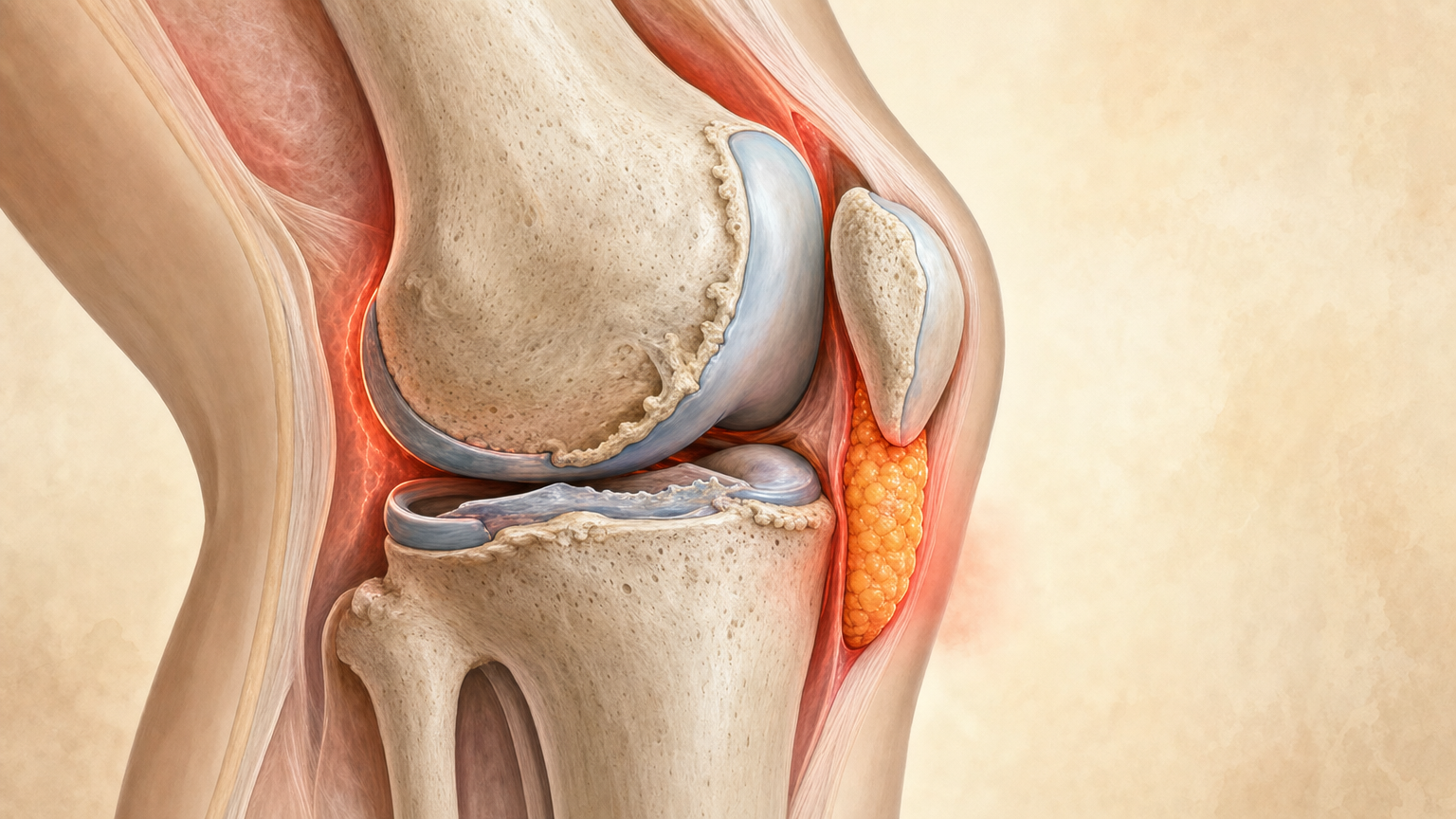 Detaillierte medizinische Illustration eines arthrotischen Kniegelenks im Querschnitt mit drei Kompartimenten und sichtbarem Hoffa-Fettkörper.