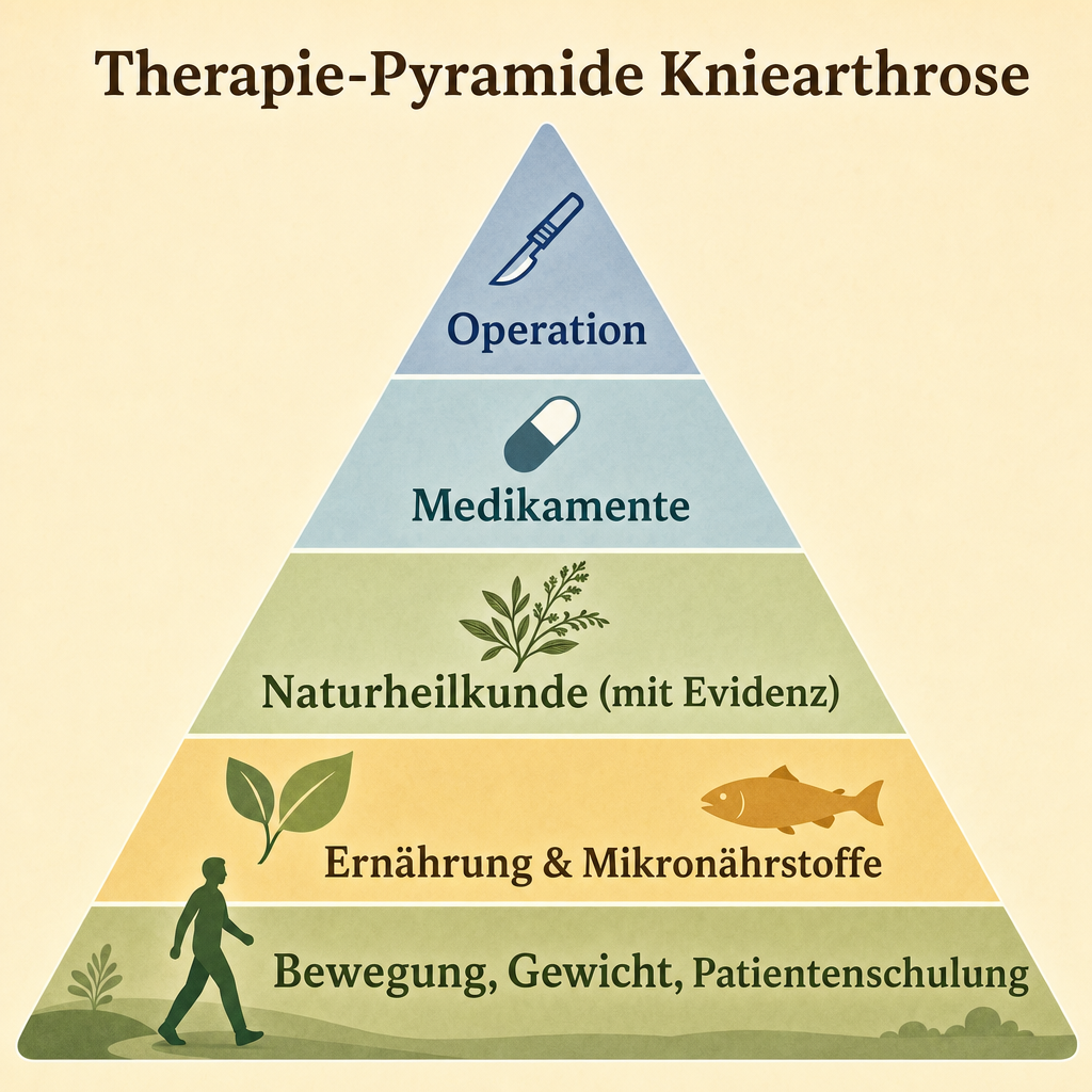 Therapie-Pyramide der Kniearthrose mit Bewegung, Gewicht und Patientenedukation an der Basis, OP an der Spitze (Pillar-Modell)