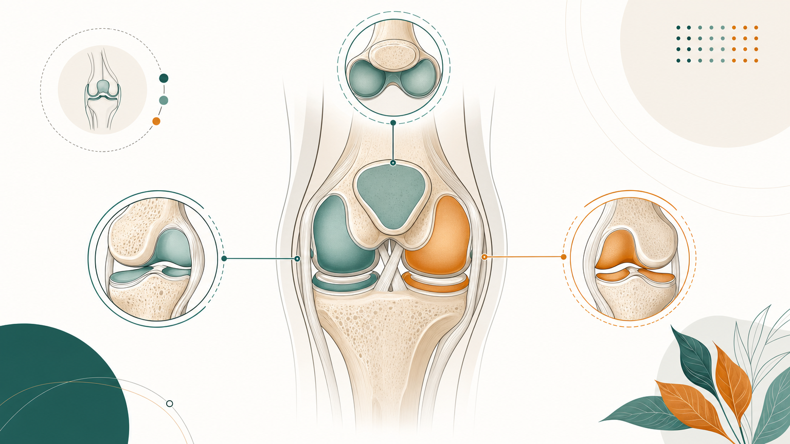 Wissenschaftliche Illustration: die drei Kompartimente des Kniegelenks – innen (medial), außen (lateral) und hinter der Kniescheibe.
