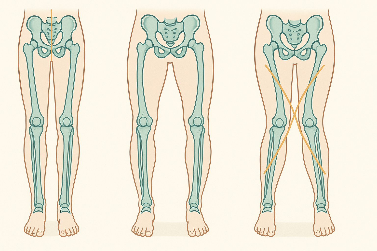 Beinachse von vorne: Links neutrale Achse, Mitte O-Bein (Varus), rechts X-Bein (Valgus) – Fehlstellungen als wichtigster biomechanischer Risikofaktor.