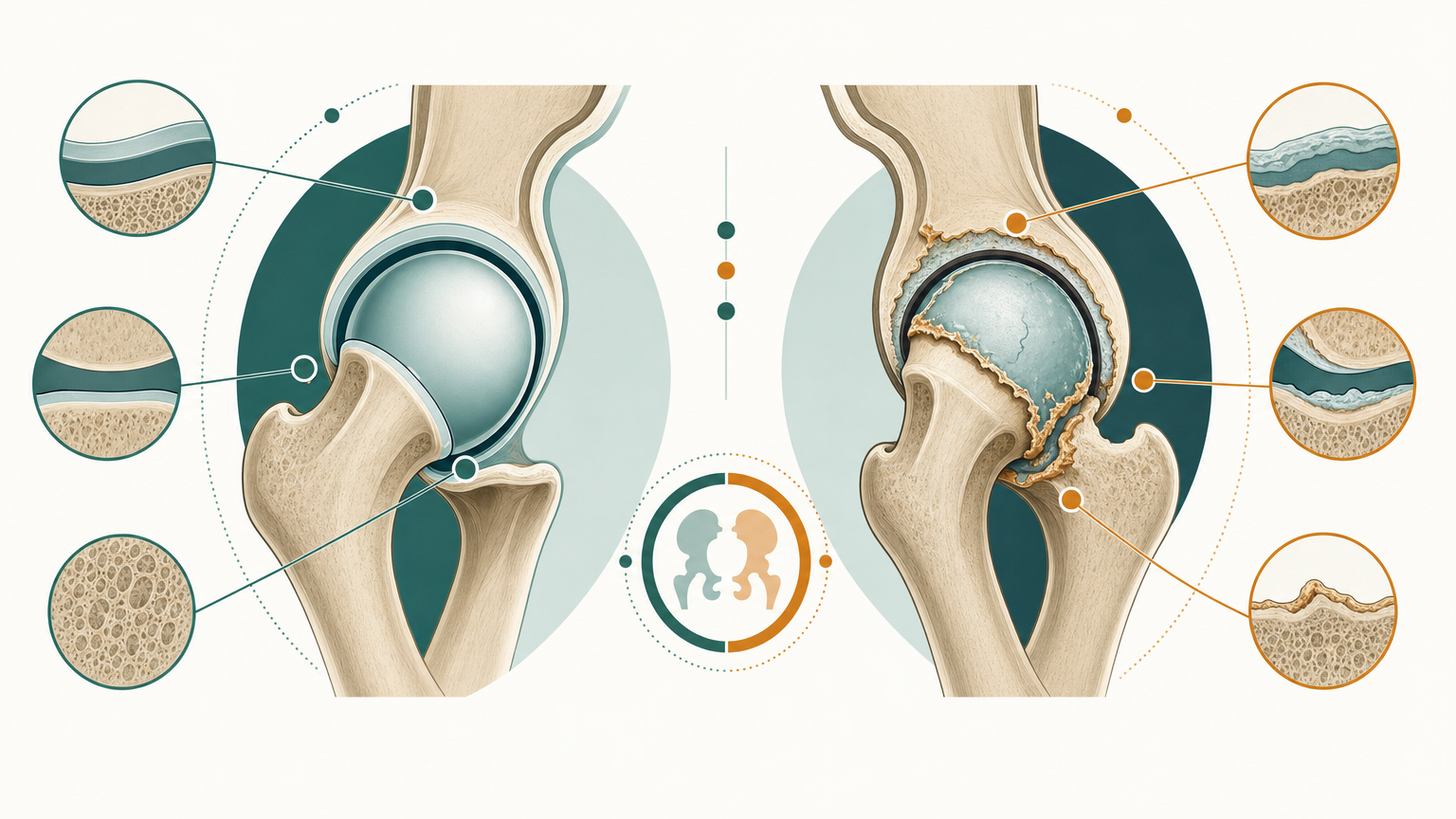 Wissenschaftliche Illustration: gesundes Hüftgelenk mit glattem Knorpel und gleichmäßigem Gelenkspalt im Vergleich zur arthrotischen Hüfte mit abgeriebenem Knorpel und Osteophyten.
