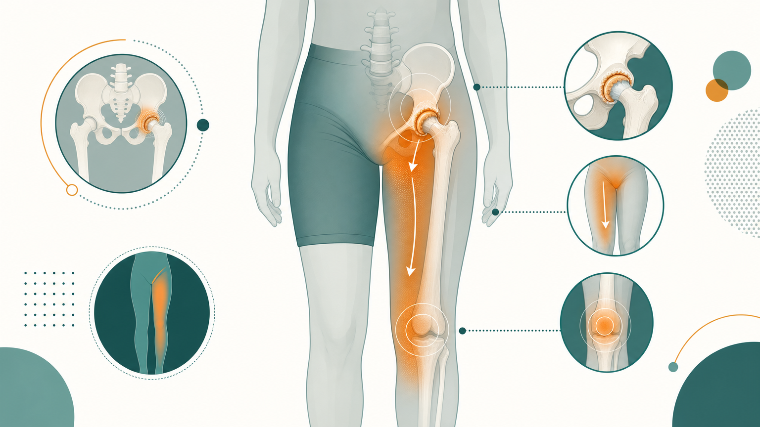 Wissenschaftliche Illustration: Hüftarthrose-Schmerz strahlt typischerweise in die Leiste und über die Oberschenkelvorderseite bis zum Knie aus.