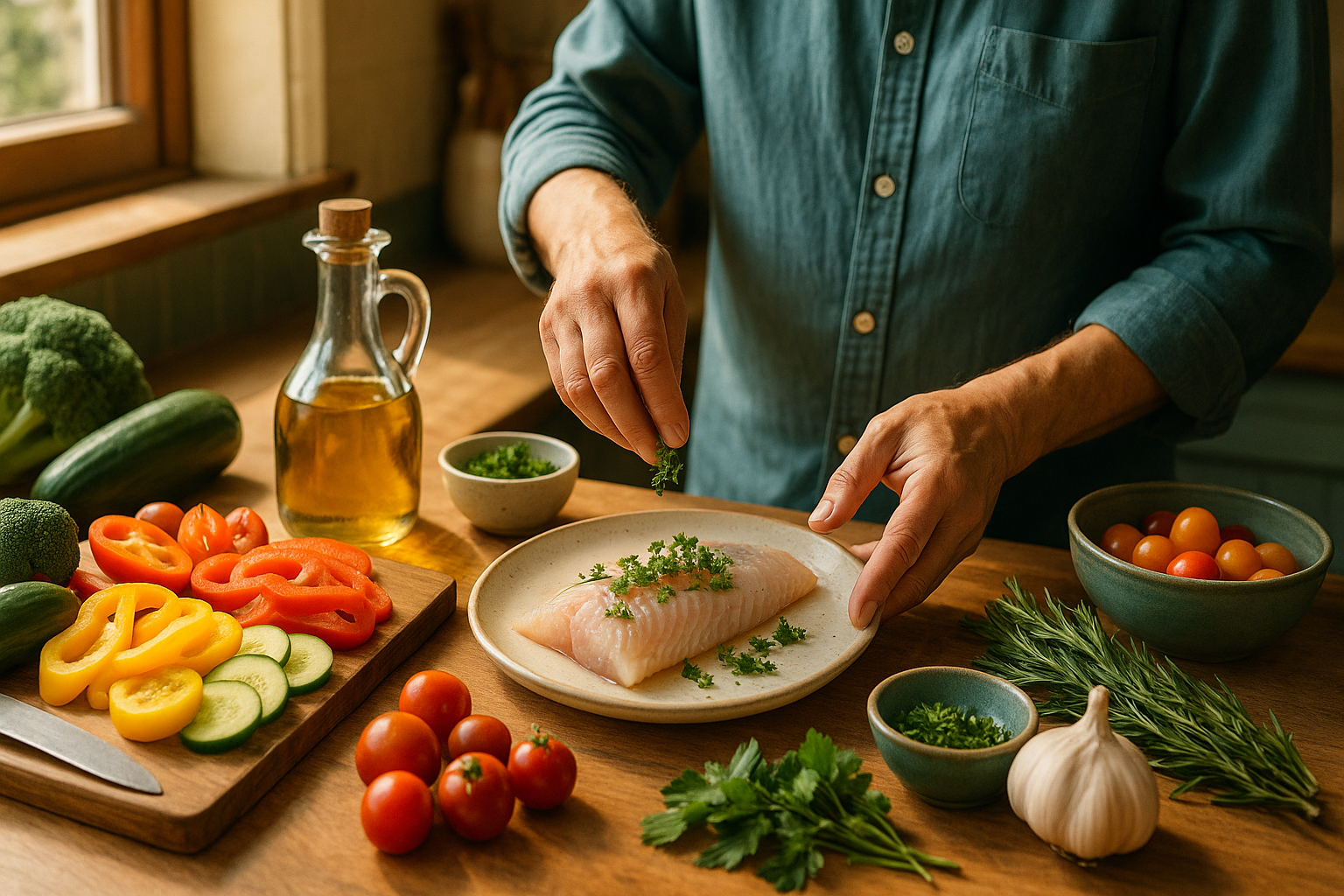 Person Mitte 50 bereitet frische, mediterrane Mahlzeit vor – Gemüse, Olivenöl, Fisch – als Grundlage einer nachhaltigen Gewichtsreduktion bei Arthrose.