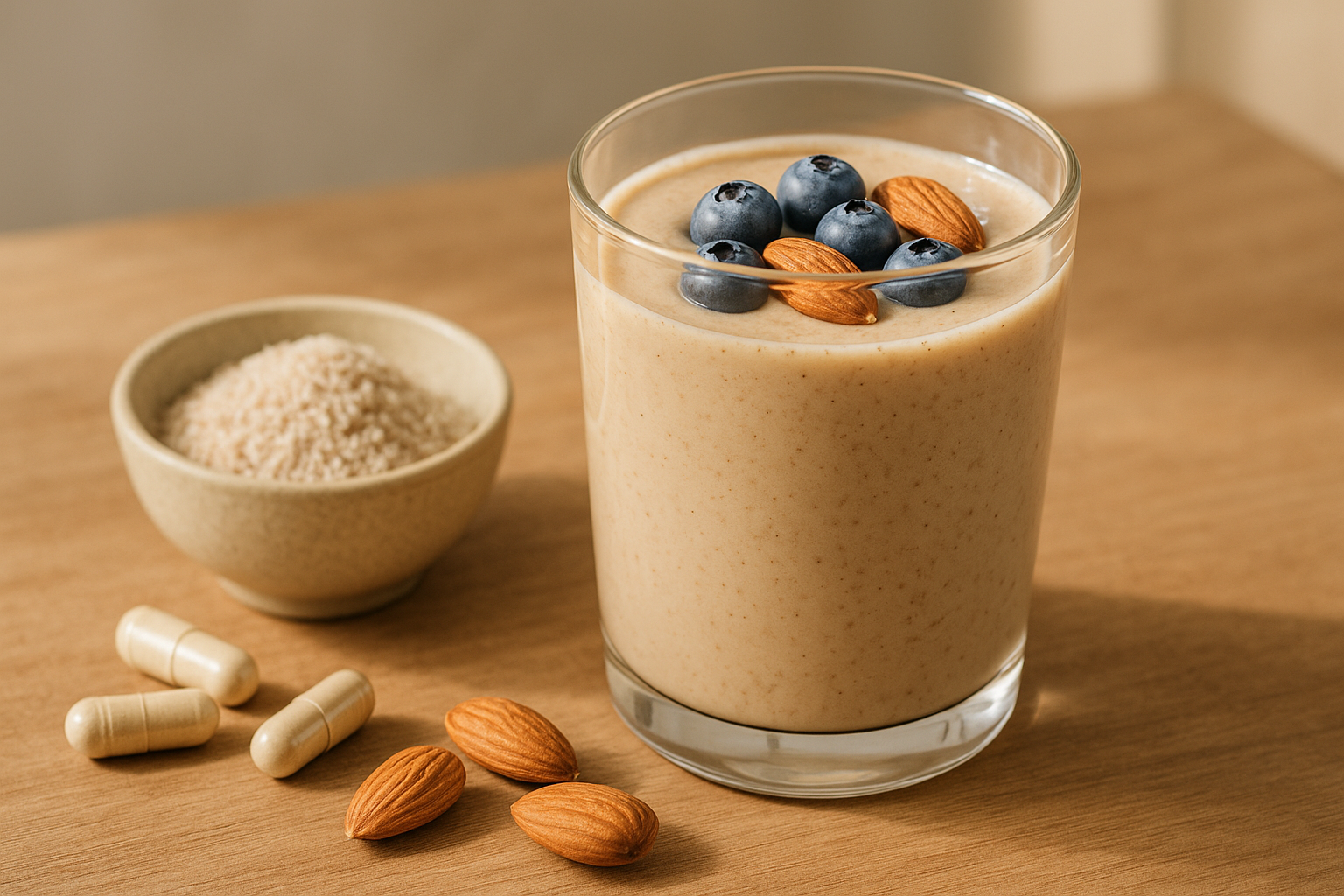 Frischer Proteinshake mit Beeren und Mandeln auf Holztisch – Eiweiß als wichtigster Mikronährstoff für gelenkschonende Gewichtsreduktion.