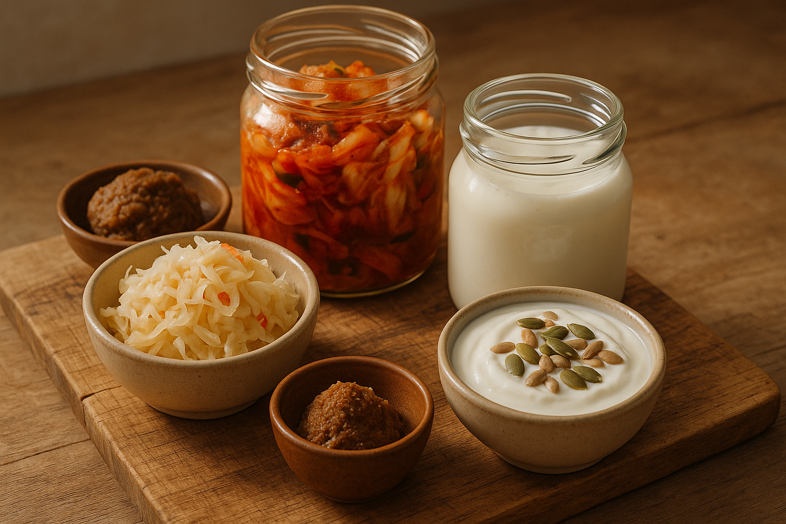 Verschiedene fermentierte Lebensmittel auf Holzbrett – Kefir, Sauerkraut, Kimchi, Joghurt – als Quellen für ein vielfältiges Mikrobiom.