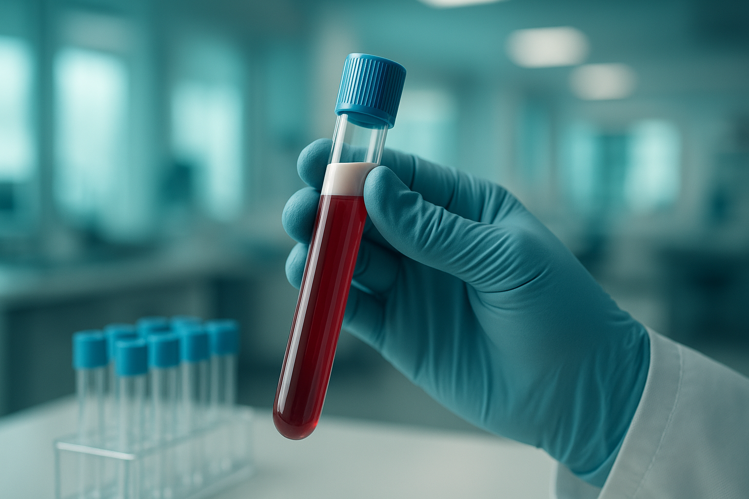 Bluttest-Röhrchen im Labor mit Fokus auf Entzündungswerte – CRP und IL-6 als Marker chronischer niedriggradiger Entzündung.