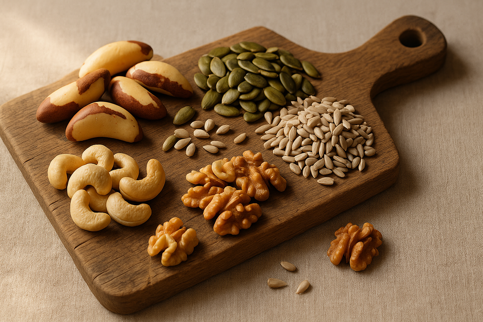 Schale mit Paranüssen, Kürbiskernen und Sonnenblumenkernen auf rustikalem Holz – natürliche Quellen für Selen, Zink und Kupfer als antioxidative Spurenelemente.