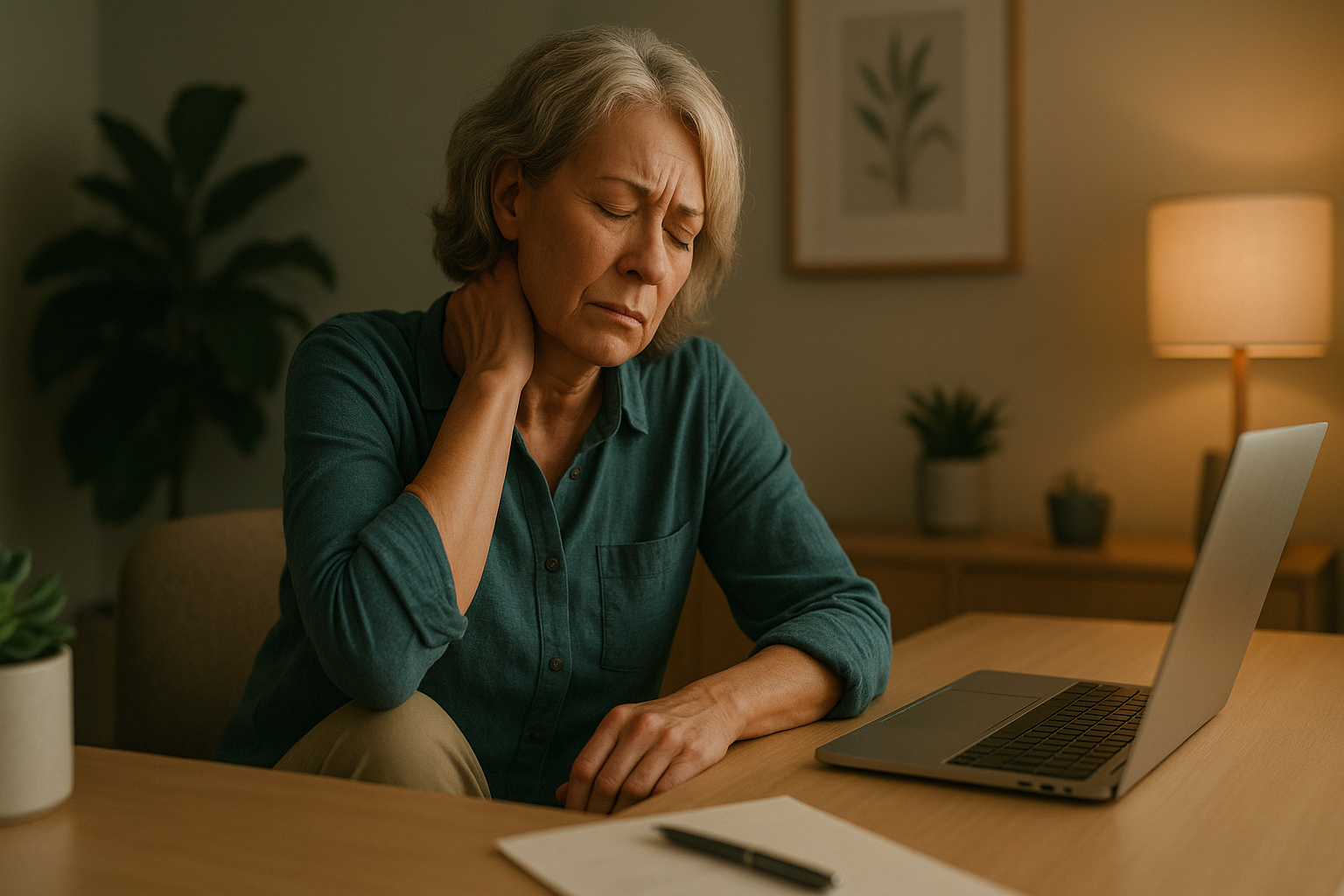 Eine Frau in den späten 50ern fasst sich gestresst an den Nacken, während sie auf einen Bildschirm schaut – Stress als unterschätzter Treiber chronischer Gelenkentzündung.