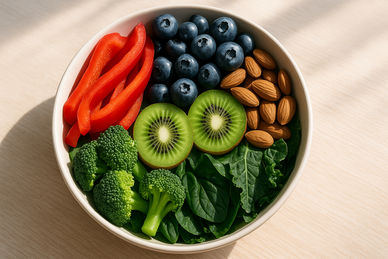 Bunte Schale mit Paprika, Beeren, Nüssen und grünen Blättern – natürliche Lieferanten für Vitamin C und E zur antioxidativen Knorpelprotektion.
