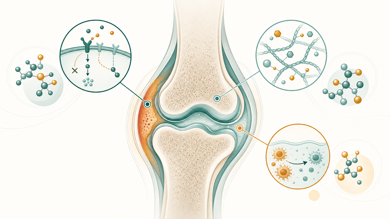 Wissenschaftliche Illustration: verschiedene natürliche Wirkstoffe greifen an unterschiedlichen Punkten im Gelenk an – Entzündungssignale, Knorpelbausteine, Gelenkflüssigkeit.