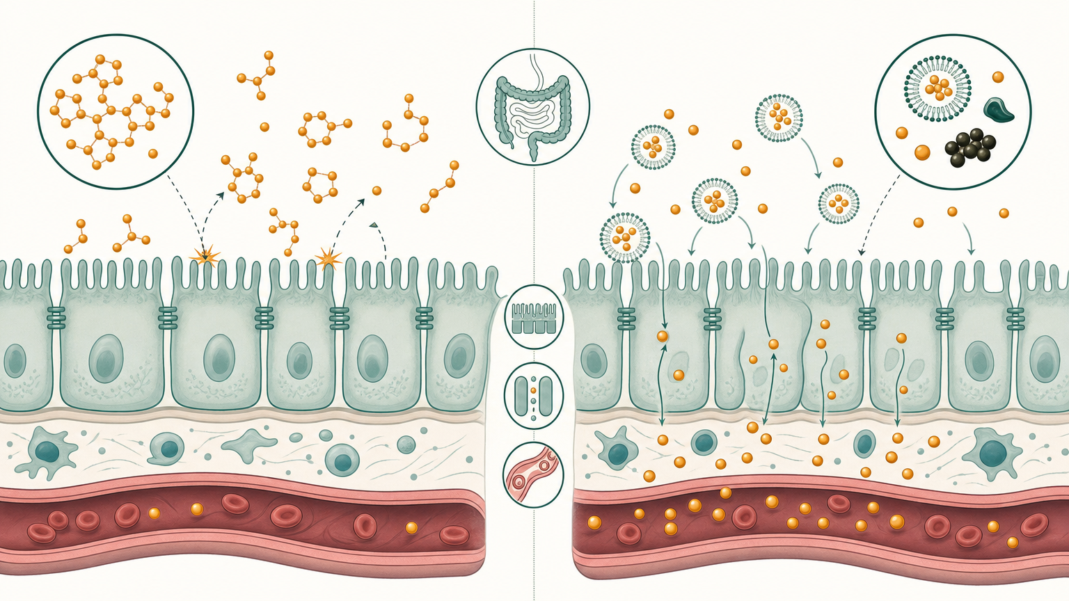 Wissenschaftliche Illustration: reines Curcumin wird an der Darmwand kaum aufgenommen, speziell formuliertes Curcumin (mit Piperin/mizellar) gelangt effizient ins Blut.