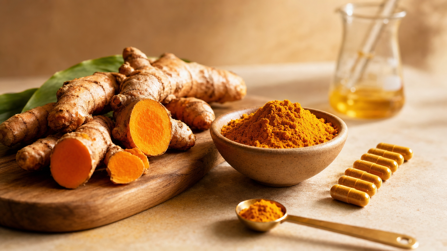 Frische Kurkumawurzeln, Kurkuma-Pulver und Curcumin-Kapseln auf einer warmen Holzfläche – die unterschiedlichen Darreichungsformen.