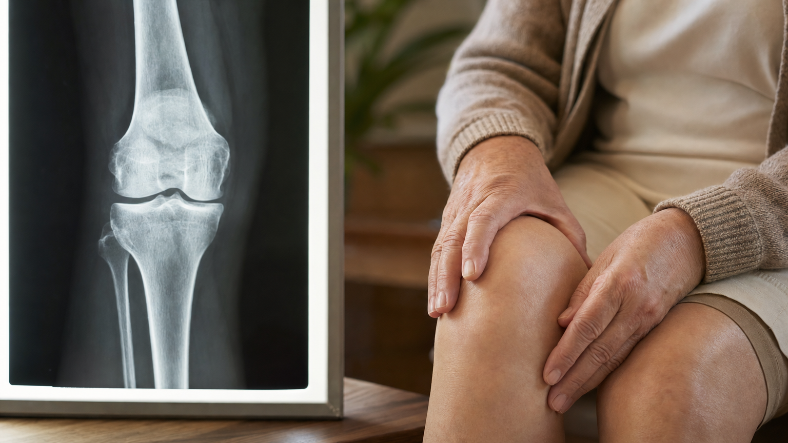 Ein Röntgenbild eines Knies auf einem Leuchtkasten neben den Händen eines Patienten, der entspannt sein Knie hält – die Diskrepanz zwischen Bild und Mensch.