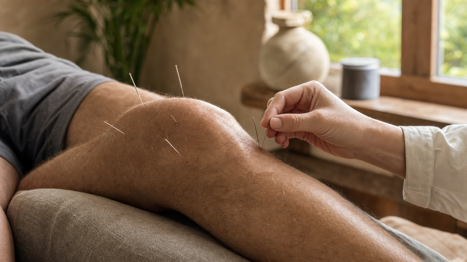 Ruhige Akupunktur-Behandlung am Knie eines Patienten mit feinen Nadeln an klassischen Punkten rund ums Gelenk.