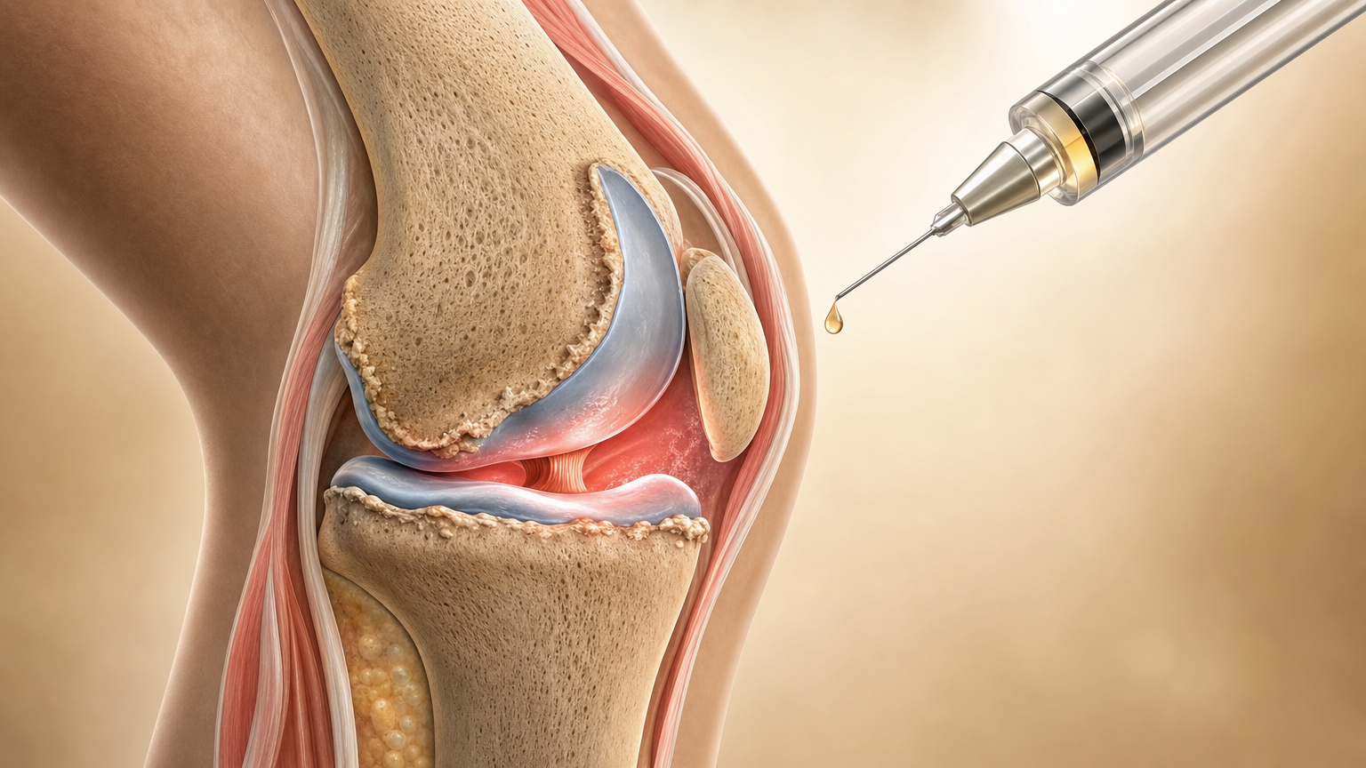 Anatomische Illustration eines Kniegelenks mit Spritze, die zur intraartikulären Kortison-Injektion positioniert ist.
