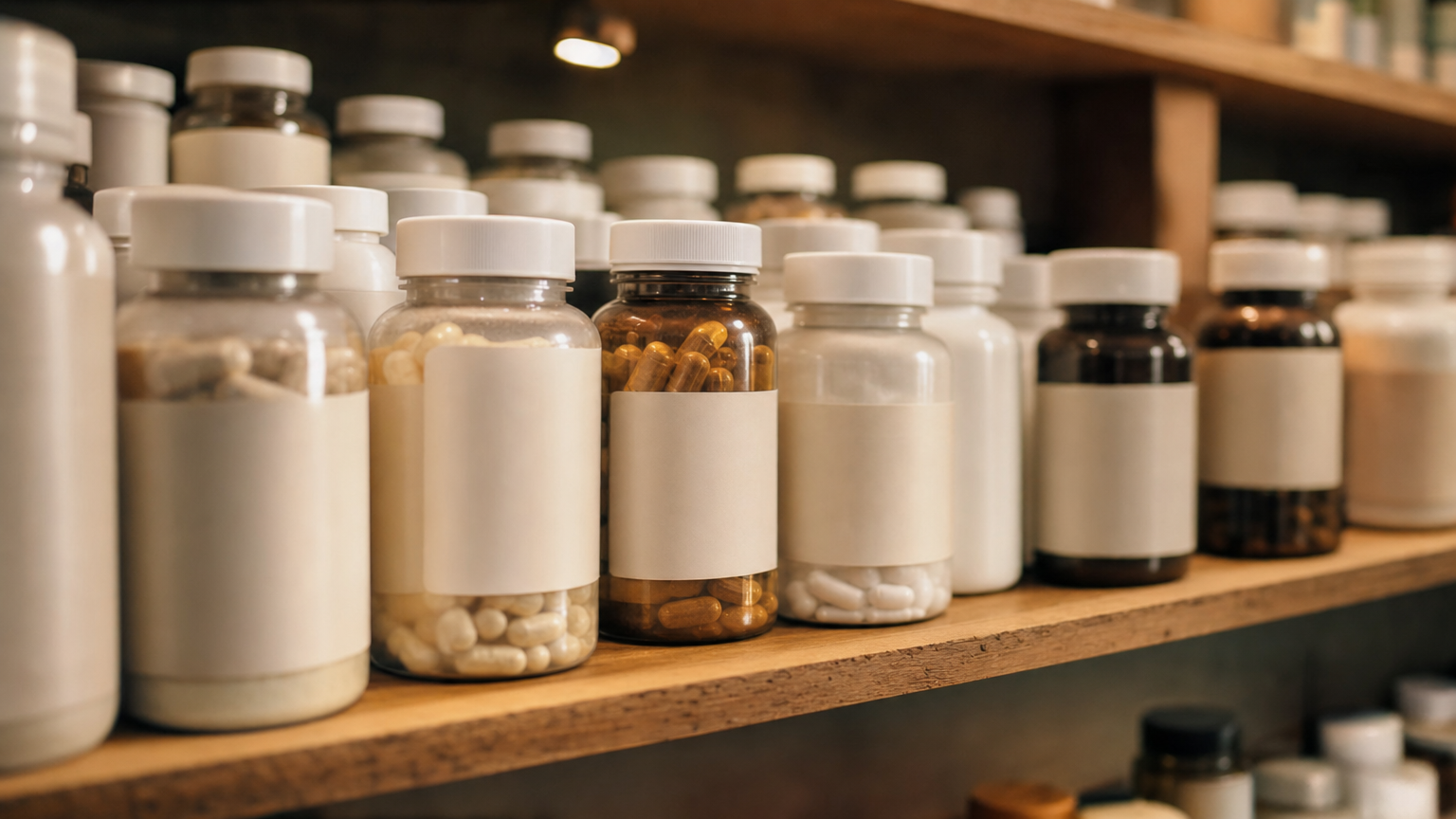 Reihen unbeschrifteter Supplement-Behälter auf einem Holzregal – die Realität des Gelenk-Supplemente-Marktes.