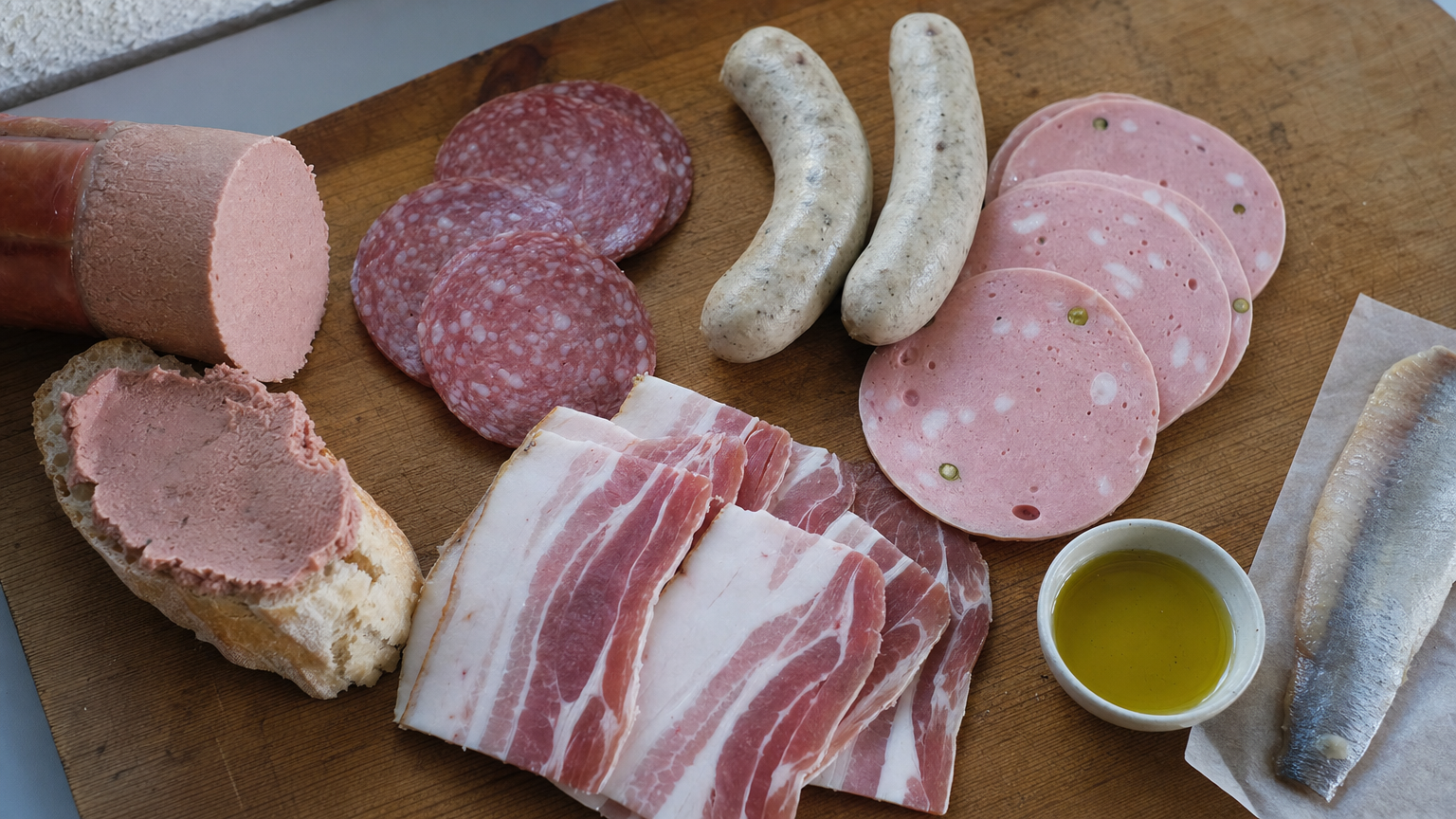 Auswahl deutscher Wurstwaren und fetter Fleischprodukte auf einem Holzbrett – die unterschätzte Quelle proinflammatorischer Arachidonsäure.