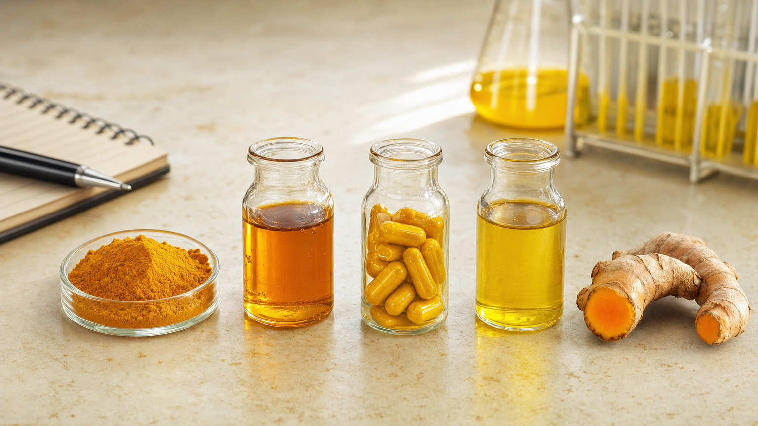 Vier verschiedene Curcumin-Darreichungsformen nebeneinander: Pulver, Öl, Kapseln, Flüssigkeit – mit frischer Kurkumawurzel zum Vergleich.