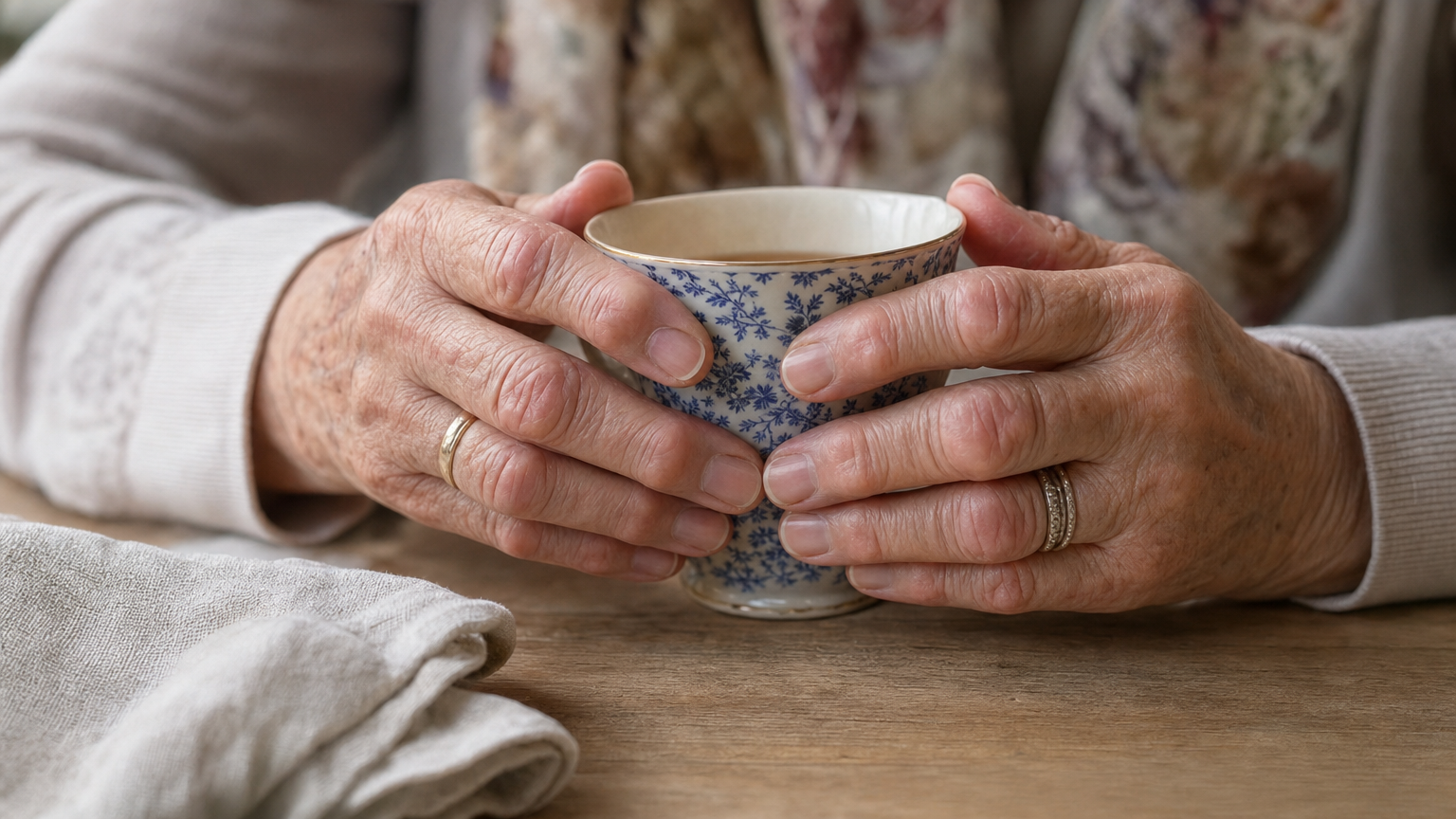 Nahaufnahme der Hände einer älteren Frau mit sichtbaren Heberden-Knoten an den Fingerendgelenken – die typische Polyarthrose der Hand.