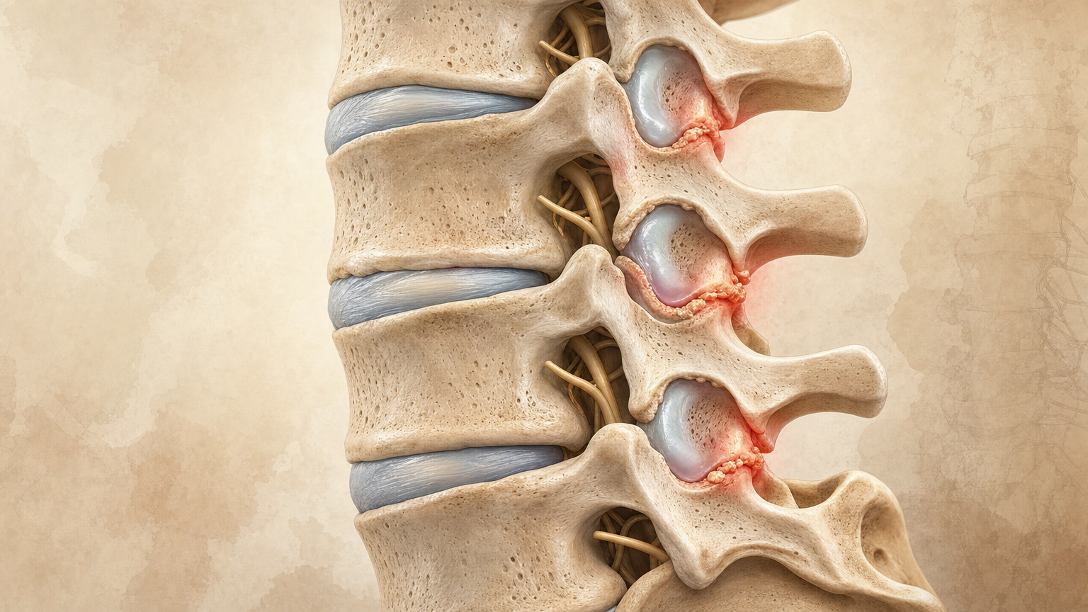 Medizinische Illustration von Lendenwirbeln mit sichtbarer Facettengelenksarthrose und beginnenden Osteophyten.