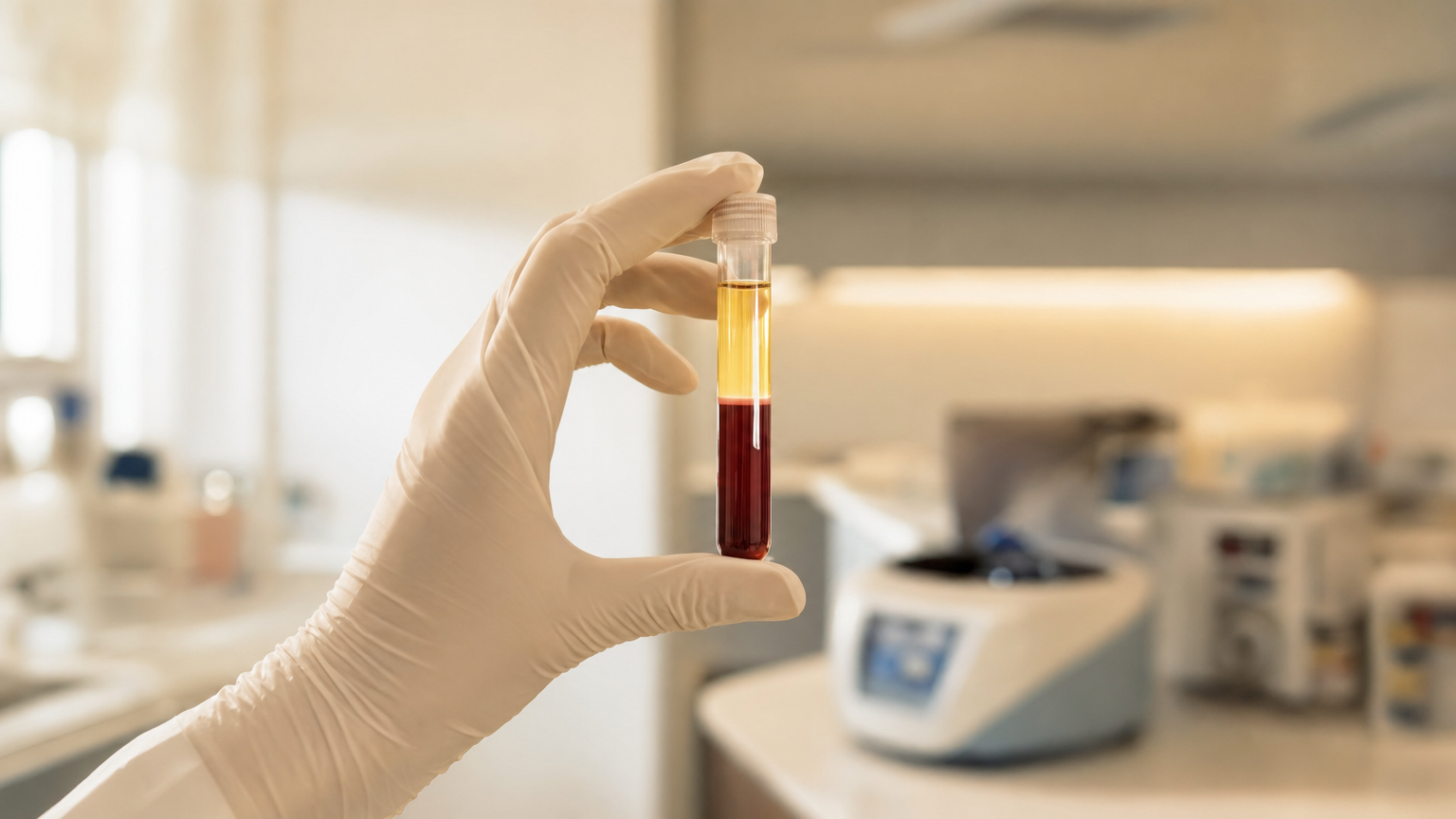 Glasvial mit aufgetrennten Blutkomponenten – plättchenreiches Plasma in der Mitte zwischen roten Blutkörperchen und gelbem Plasma.