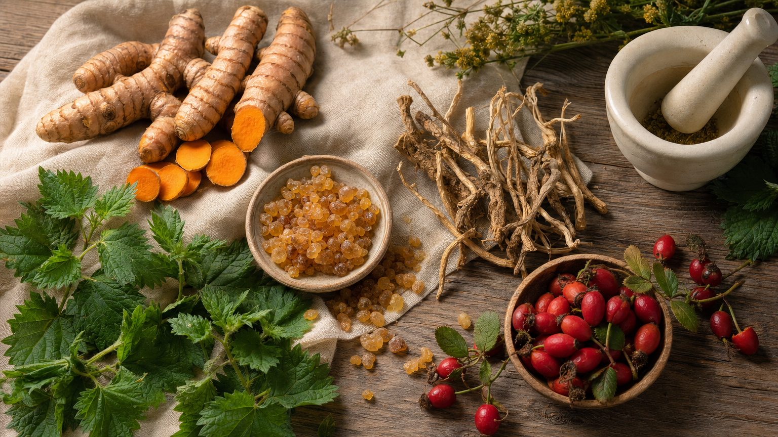 Flat-Lay verschiedener arzneilich wirksamer Pflanzen für die Arthrose-Therapie: Kurkuma, Boswellia-Harz, Hagebutten, Teufelskralle, Brennnesselblätter.