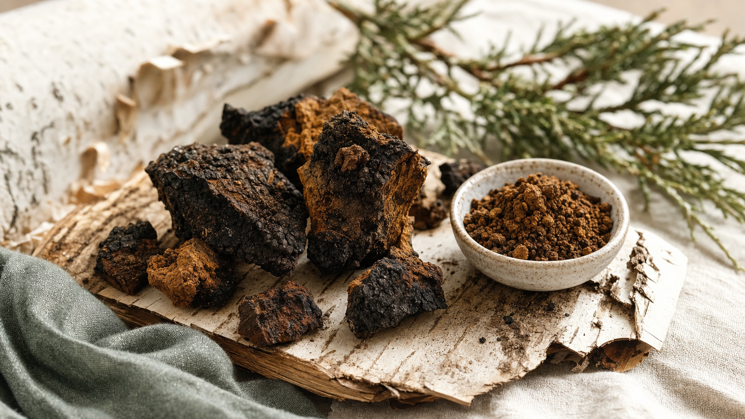 Schwarzer, rissiger Chaga-Pilz (Inonotus obliquus) an einem Birkenstamm im winterlichen Wald, daneben getrocknete Stücke und Pulver.