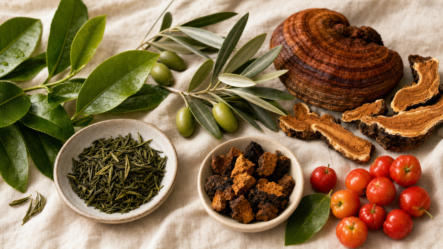 Flat-Lay entzündungshemmender Naturstoffe: Grüntee-Blätter, Olivenblätter, getrocknete Reishi- und Chaga-Pilze sowie Acerola-Früchte als natürliche Vitamin-C-Quelle.