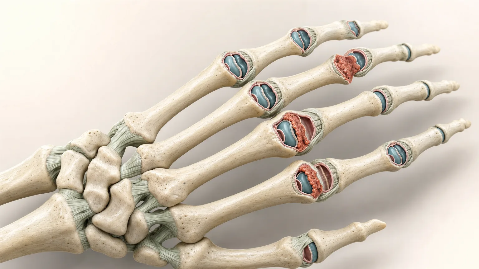 3D-Ansicht eines Handskeletts mit verdickter, entzündeter Gelenkinnenhaut an mehreren Fingergelenken