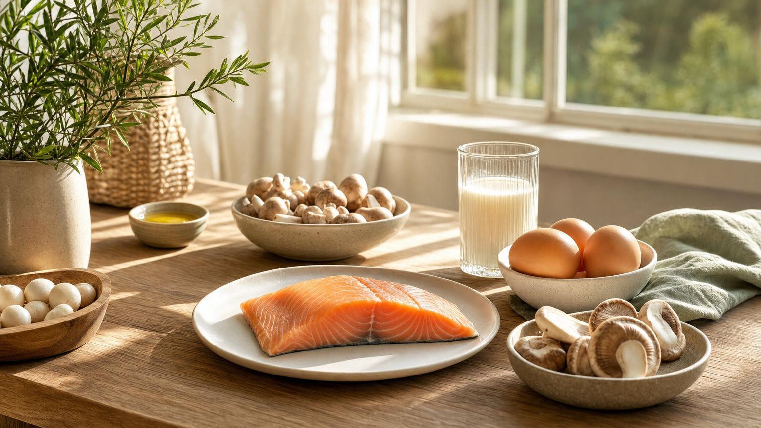 Ältere Frau mit Sonnenlicht auf der Haut im Freien, daneben Vitamin-D-reiche Lebensmittel wie fetter Seefisch und Eier – Symbolbild für die Vitamin-D-Versorgung der Knochen