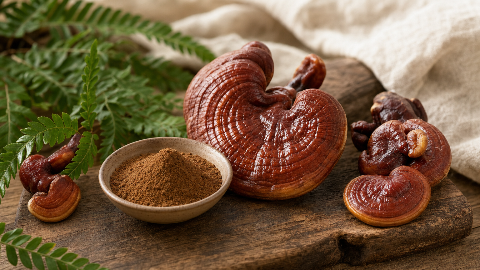 Getrocknete Reishi-Pilze (Ganoderma lucidum) neben einer Kapsel mit Pilzextrakt auf hellem Untergrund – Symbolbild für die Heilpilz-Forschung.
