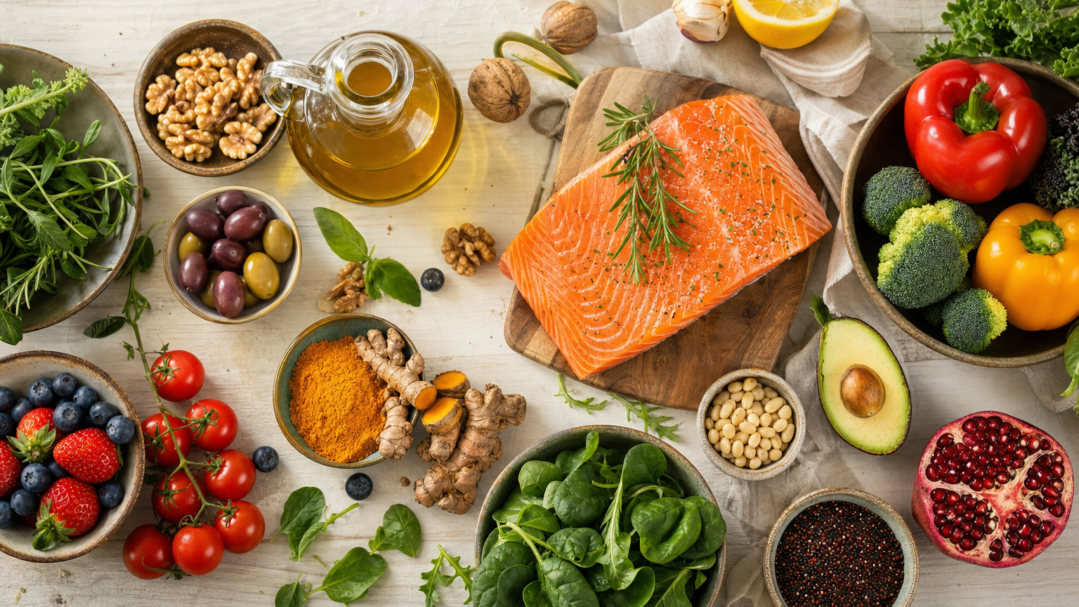 Mediterrane, antientzündliche Mahlzeit mit Gemüse, Olivenöl, fettem Seefisch und Hülsenfrüchten – als begleitende Ernährung bei entzündlichem Rheuma