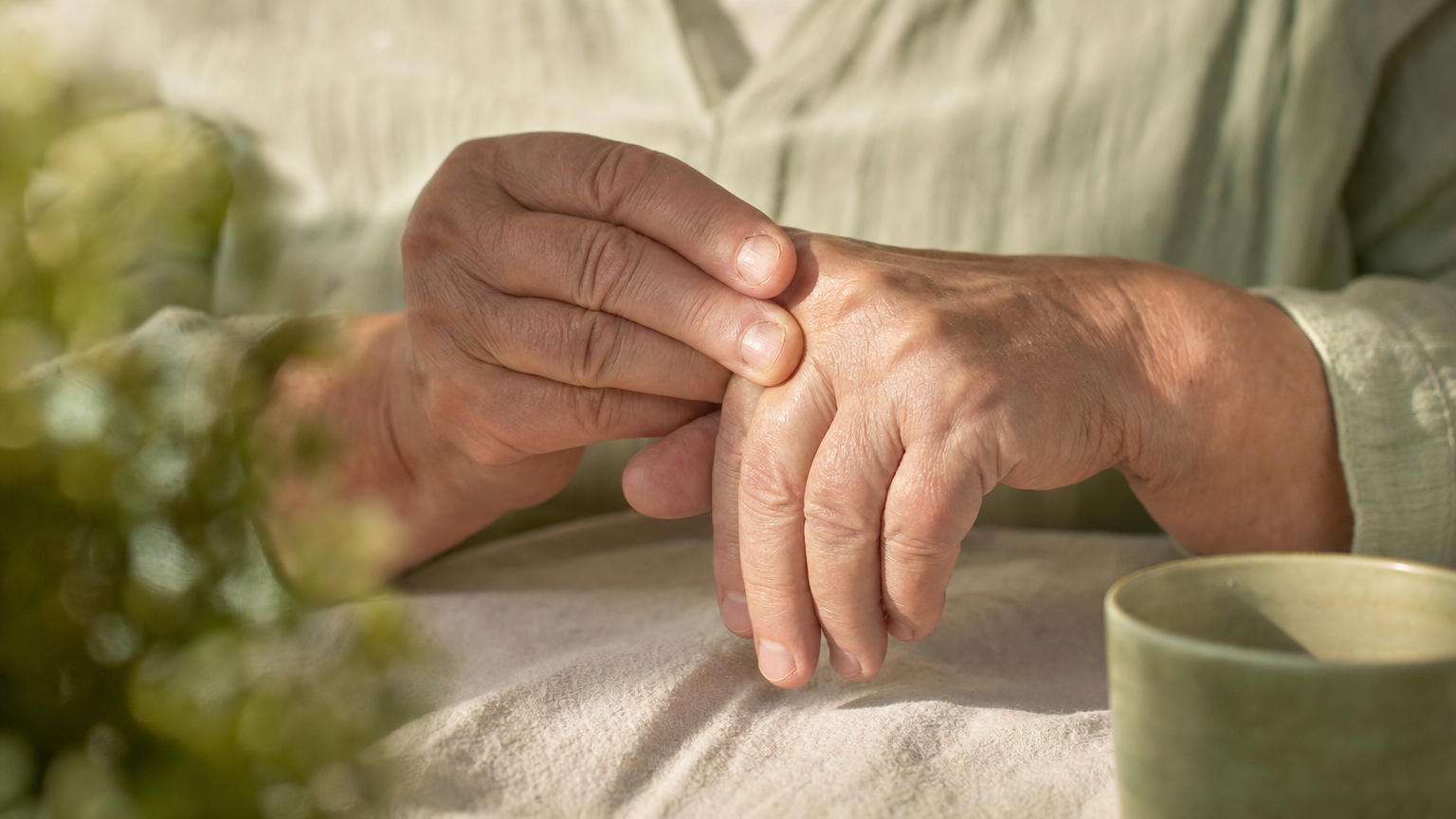 Medizinische Illustration: symmetrisch geschwollene, entzündete Finger- und Handgelenke als frühe Zeichen einer rheumatoiden Arthritis