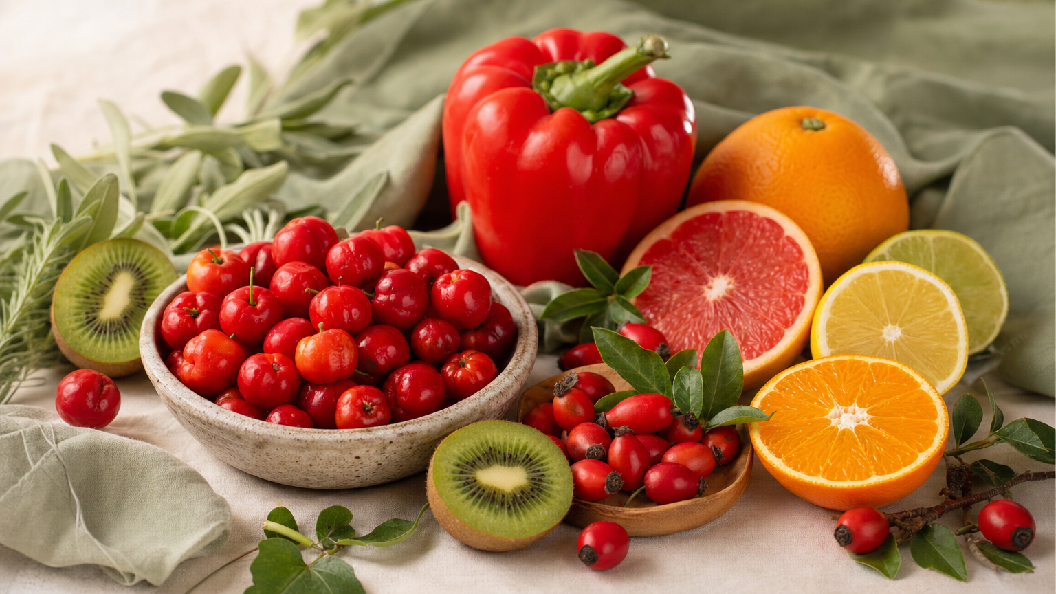 Frische Vitamin-C-reiche Lebensmittel – Paprika, Zitrusfrüchte, Acerola, Beeren – als natürliche Quelle für Immunsystem und Kollagenbildung.